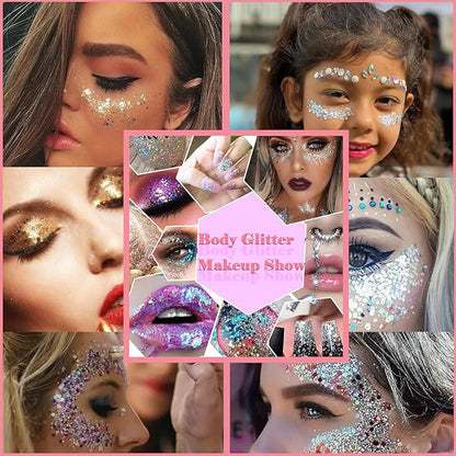 Body Glitter Face Glitter Gel: Singer Concerts Disco Festival Rave Accessories Face Glitter Makeup Chunky Sequins Mermaid Face Body Hair Glitter Gel (2 Mixed Colors)