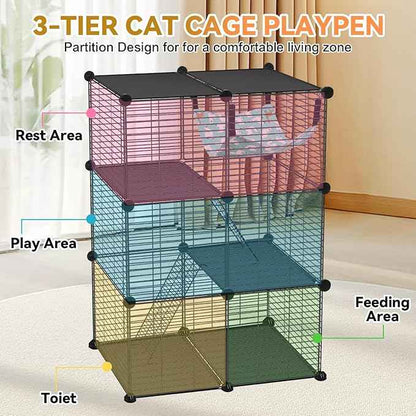 Cat Cage, 3-Tier DIY Catio Cat Enclosures, 24" x 16" x 36" Cat Playpen Indoor & Outdoor with Hammock, Detachable Metal Wire Kennel Cats Crate, 2x1x3 Exercise Place for 1-2 Kitten