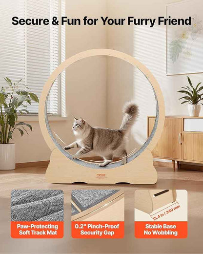 VEVOR Cat Exercise Wheel, 48 in Wooden Cat Running Wheel for Indoor Cats up to 28 lbs, Cats Treadmill with Carpeted Runway & Locking Mechanism, Quiet Roller Kitten Sport Toys for Pets Fitness & Health
