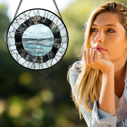 Stained Glass Window Hanging - Abstract Sea Surface Suncatcher for Doors Garden Patio Round Sun Catchers Decor Christmas Mother's Day Birthday Gifts for Women Men Mom Nana Friend 6.3 in