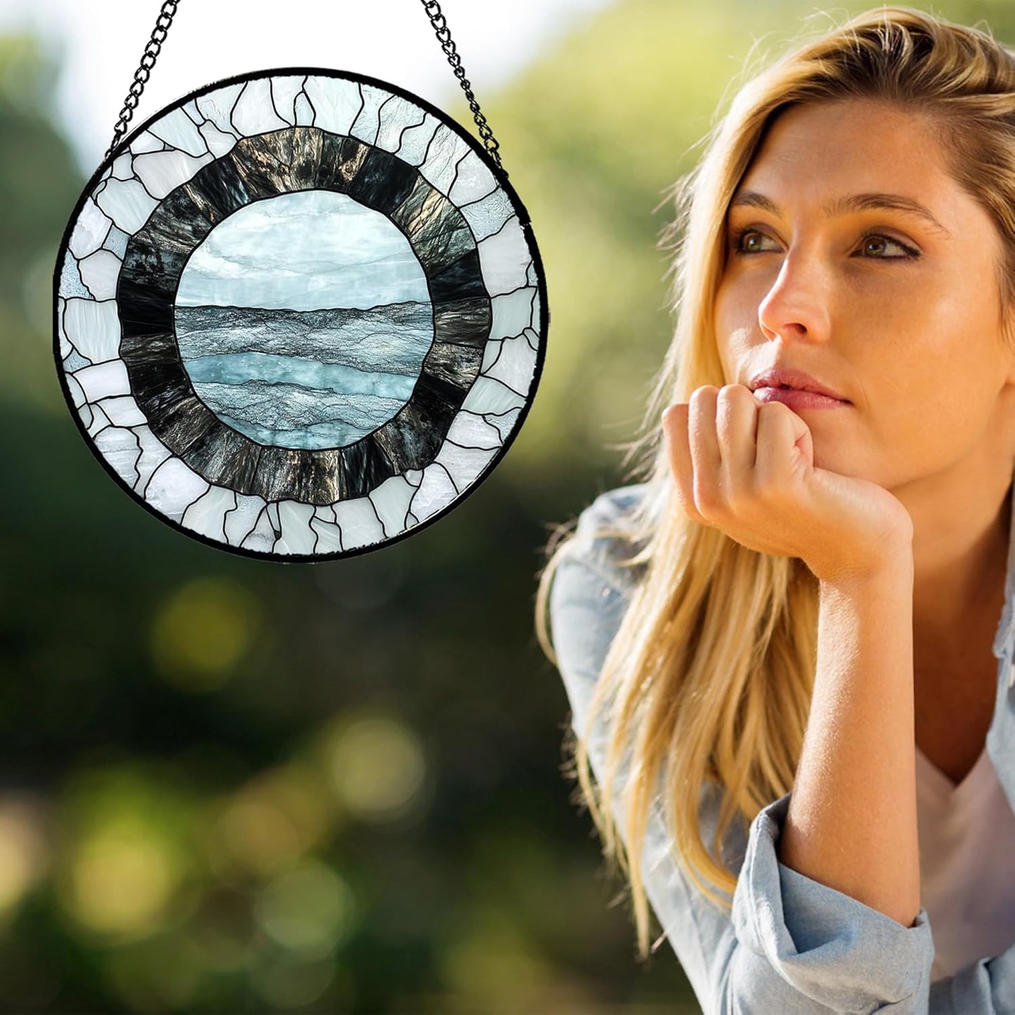 Stained Glass Window Hanging - Abstract Sea Surface Suncatcher for Doors Garden Patio Round Sun Catchers Decor Christmas Mother's Day Birthday Gifts for Women Men Mom Nana Friend 7.8 in