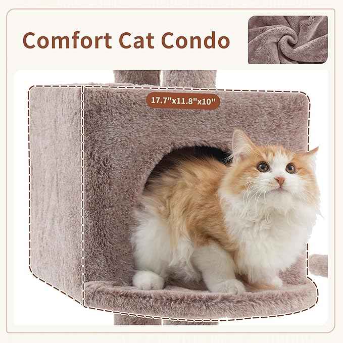 Cat Tree for Indoor Cats, 55.1 inch Cat Tower with 7 Sisal Scratching Posts, Multi-Level Cat Condo wit Large Play Platform Furry Ball, Cat Cave, 2 Padded Perches, Basket, Mushroom GCT013MU