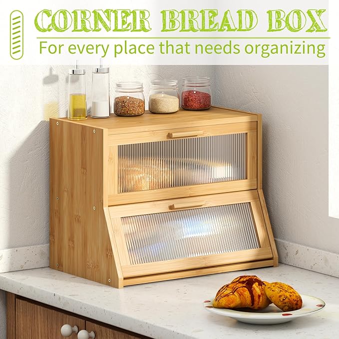BMOSU Large Bread Box Double Layer Bamboo Bread Box for Kitchen Counter Container Farmhouse Bread Holder Capacity Bread Storage Bin(Natural)