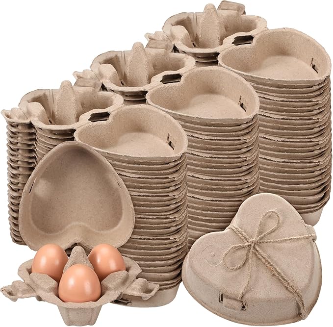 200 Pcs Easter Heart Shaped Eggs Cartons 3 Count Natural Paper Pulp Valentine Egg Cartons with Jute Rope Reusable Cardboard Storage Baskets Holder Tray for Kitchen Holiday Gifts Market Farm