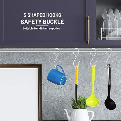 48 PCS S Hooks for Hanging with Safety Buckle, 3.5 inch Heavy Duty Metal S Shaped Hooks for Kitchen Utensil, Cups, Pots, Plants, Bags, Hats (White)