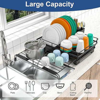 Extendable Dish Racks 16.3"-21.6" L x 16.7" W,Stainless Steel Dish Drying Rack for Kitchien Counter, Anti-Rust Dish Strainer with Cutlery Holde