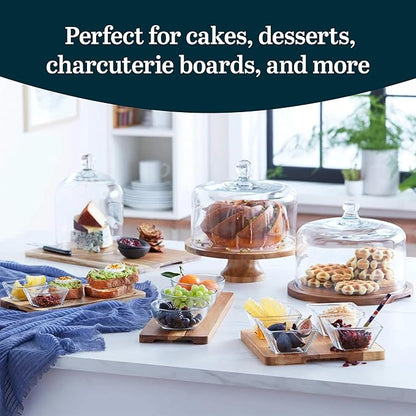 Libbey Acacia Wood Cake Stand with Lid, Footed Round Cake Container, Ball Top Handle Covered Cake Stand, Durable Glass Dome Cover