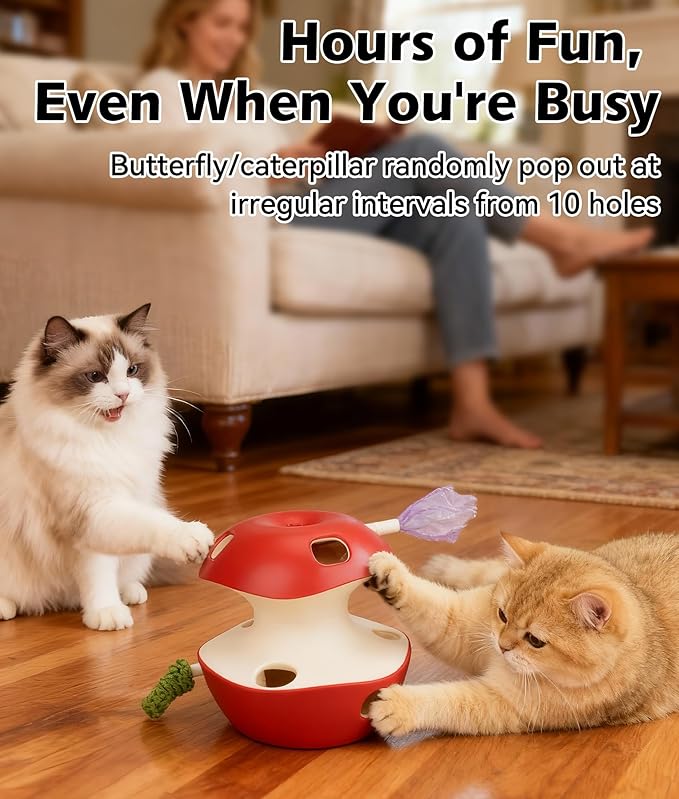 Joytale Interactive Cat Toy for Bored Indoor Cats, Automatic 10-Hole Whack A Mole Apple Toy, 2-in-1 Electric Motion Sensor Toy with Teaser Wand, USB Rechargeable, Boredom Relief, Red