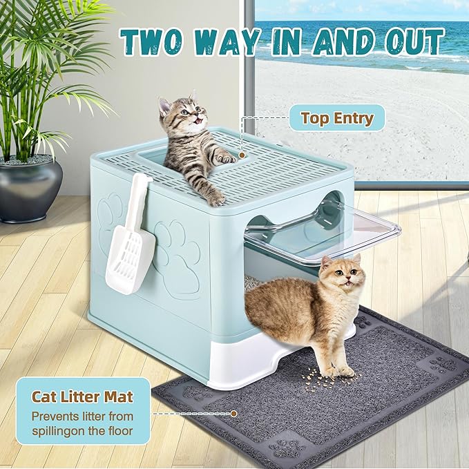 Enclosed Cat Litter Box with Lid Foldable Potty,Drawer Type Extra Large Cover Litter Box with Mat, Kitty Free in and Out/One-Way,Odor Control Anti-Splashing Easy Cleaning (Light Blue)