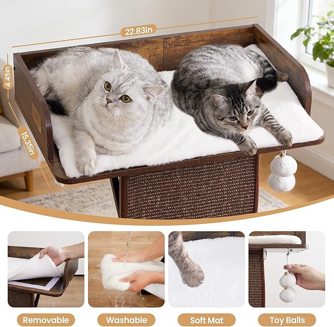 Modern Wood Cat Tree Tower for Indoor Large Cats, 33.8-Inch Tall Wooden Cat Trees with Big Perch Bed, Cat Scratching Pads, Washable Removable Cushions and Scratching Mat, Cat Furniture, Rustic Brown
