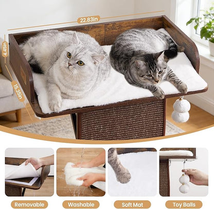 Modern Wood Cat Tree Tower for Indoor Large Cats, 33.8-Inch Tall Wooden Cat Trees with Big Perch Bed, Cat Scratching Pads, Washable Removable Cushions and Scratching Mat, Cat Furniture, Rustic Brown