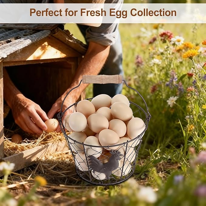 3 PCS 8’’ Farmhouse Egg Collecting Basket with Wood Handle, Rustic Metal Wire Chicken Eggs Holder Basket for Countertop Kitchen, Wire Egg Basket Vintage Style, Round, Rooster Pattern