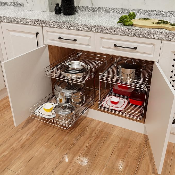 ROOMTEC Individual Pull Out Cabinet Organizer (14" W x 18" D), 2 Tier Spice Rack Organizer for Cabinet, Slide Out Drawer Pantry Shelf Organization and Storage for Kitchen Bathroom
