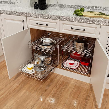 ROOMTEC Individual Pull Out Cabinet Organizer (14" W x 18" D), 2 Tier Spice Rack Organizer for Cabinet, Slide Out Drawer Pantry Shelf Organization and Storage for Kitchen Bathroom