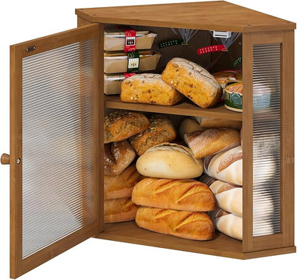 Corner Bread Box for Kitchen Counter, Bamboo Wood Large Capacity Bread Storage Bin with Acrylic Wavy Door Panel (Brown, Extra Large)