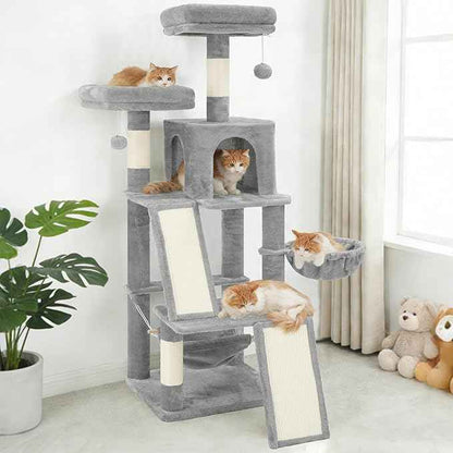 Multi-Level Cat Tree for Indoor Cats, Cat Tower with 2 Scratching Boards, 2 Plush Padding Platforms, Cat Condo House with Hammock, Basket, Light Gray GCT022W