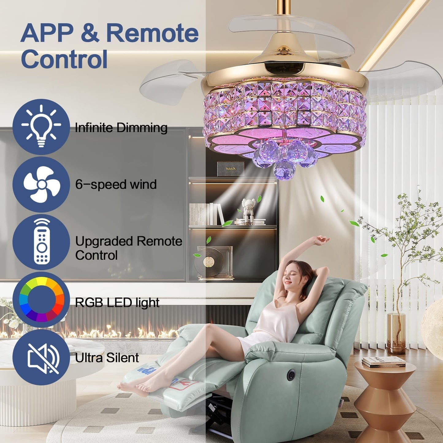 Zynfandor 30 Rgb Retractable Crystal Ceiling Fan With Light Dimmable Bluetooth Chandelier Fan, 6-Speed Timer, App Remote Control