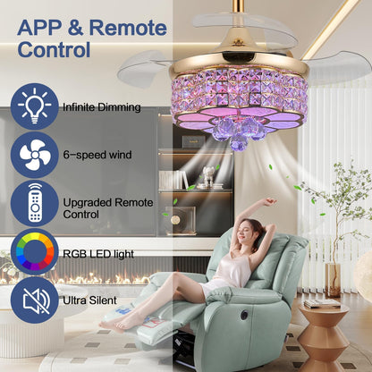 Zynfandor 30 Rgb Retractable Crystal Ceiling Fan With Light Dimmable Bluetooth Chandelier Fan, 6-Speed Timer, App Remote Control