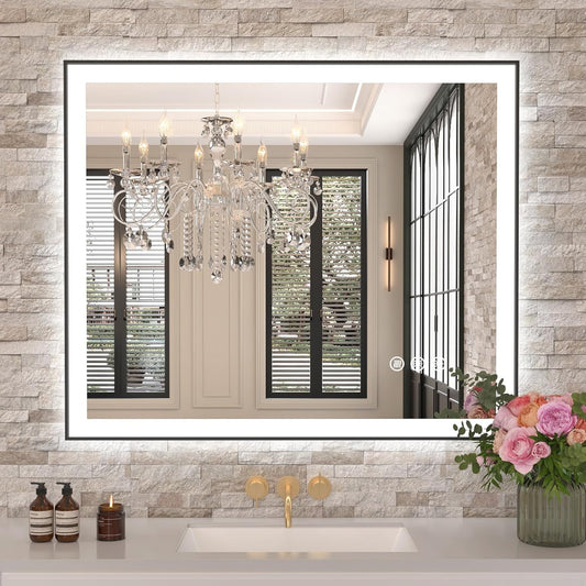 Amorho 30"x 36" LED Bathroom Mirror with Black Frame, Front Light and Backlit(Controlled Separately), Stepless Dimmable, Anti-Fog, Shatter-Proof, 3 Colors, Memory