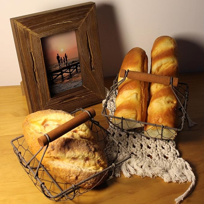 CVHOMEDECO. Chicken Wire Egg Baskets Rust Gathering Baskets with Wooden Handle Country Vintage Style Storage Baskets. Set of 2 (Square)