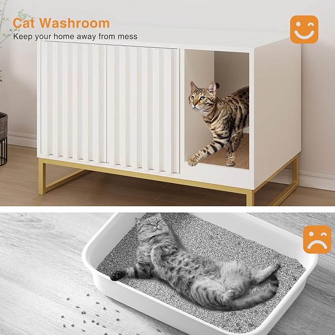 Litter Box Enclosure, Modern Cat Litter Box Furniture Hidden Litter Box with Scratch Pad, Cat Washroom House End Table, Entryway Bench for Livingroom (White)