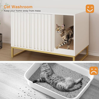 Litter Box Enclosure, Modern Cat Litter Box Furniture Hidden Litter Box with Scratch Pad, Cat Washroom House End Table, Entryway Bench for Livingroom (White)