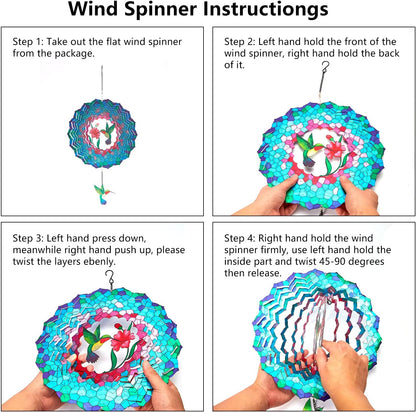 Wind Spinners Hanging, 12 Inches 3D Kinetic Hummingbird Wind Spinner for Yard and Garden Decor Stainless Steel Indoor Outdoor Decor Laser Cut Art Garden Metal Wind Sculptures & Spinners Decorations