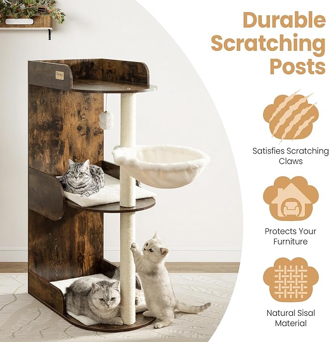 Modern Wood Cat Tree Tower for Indoor Large Cats, Cat Scratching Posts with Big Perch Bed, 44.8" Tall Multi-Level Wooden Cat Condo with Hammock, Removable Pads, Kitty Furniture, Rustic Brown