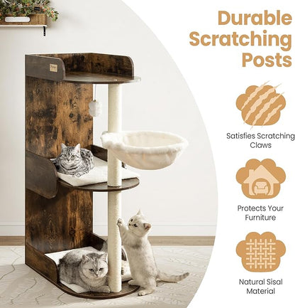 Modern Wood Cat Tree Tower for Indoor Large Cats, Cat Scratching Posts with Big Perch Bed, 44.8" Tall Multi-Level Wooden Cat Condo with Hammock, Removable Pads, Kitty Furniture, Rustic Brown