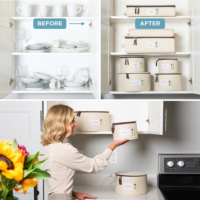 Hard Shell China Storage Containers 8-Piece Set Moving Boxes for Dinnerware, Glasses, Plates, Mugs and Saucers Sturdy Dish Organizer with Dividers for Seasonal Storage - Service for 12 - Beige Quilted