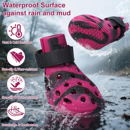 Dog Shoes for Hot Pavement and Snow, Silicone Dog Booties for Small Medium Large Dogs, Waterproof Paw Protectors- Non-Slip, Adjustable Straps, Dog Boots for Beach/Rain/Hiking (Black Pink, S)