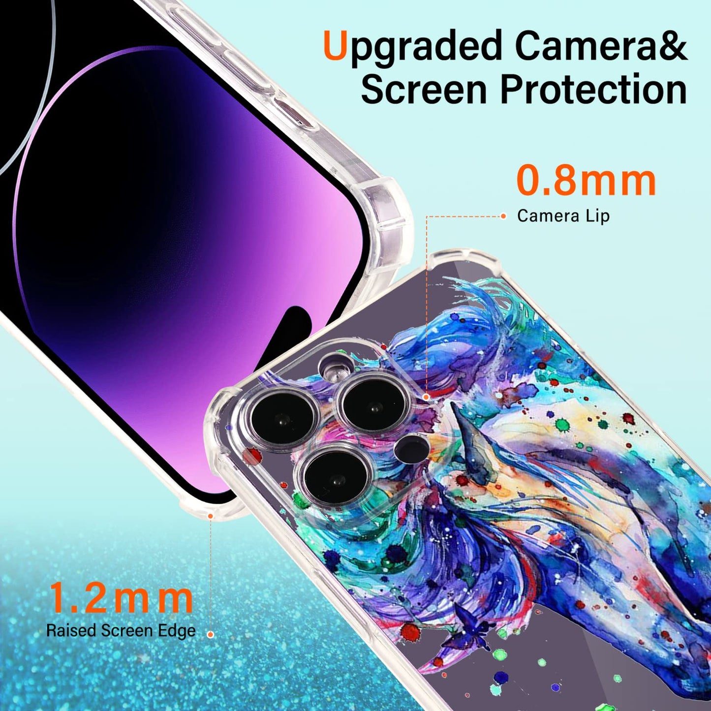 Roemary Purple Case For Iphone 12 With Blue Horse Design,Watercolor Pattern With Screen Protector [Buffertech 6.6 Ft Drop Impact