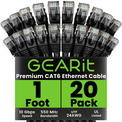 Gearit Cat 6 Ethernet Cable Pack - 20-Pack 1 Ft Cat6 Ethernet Patch Cables | Rj45 Network Patch Cable, 10 Gbps Snagless Gold-Pla