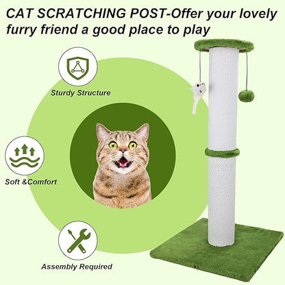 Cat Scratching Post 34 Inches Heavy Duty and Thicker Cat Scratching Post Sisal Rope with Hanging Ball and Mice Scratching Post for Indoor Cats and Adult(Bright Green)