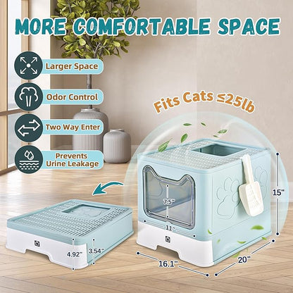 Enclosed Cat Litter Box with Lid Foldable Potty,Drawer Type Extra Large Cover Litter Box with Mat, Kitty Free in and Out/One-Way,Odor Control Anti-Splashing Easy Cleaning (Light Blue)