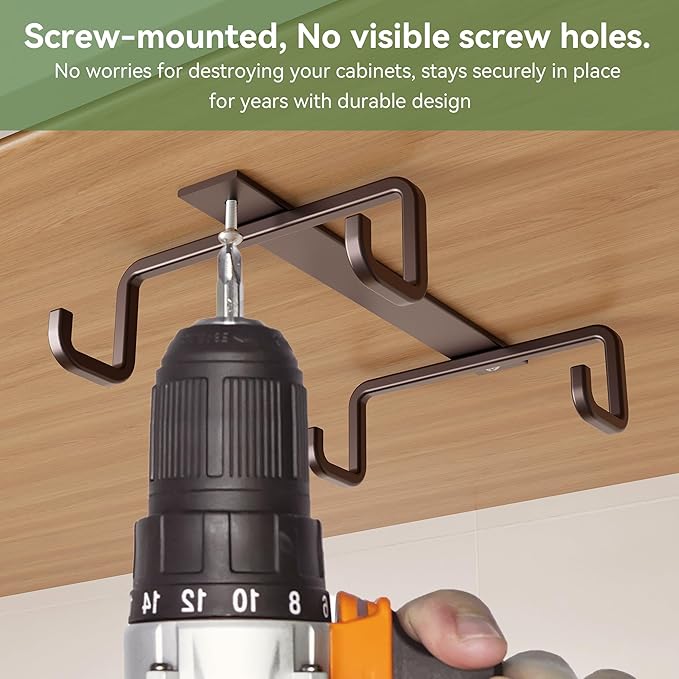 ECROCY Mug Hooks Under Cabinet Space-Saving, Easy Screw Mounting, Metal Coffee Cup Hooks 3 Pack(Dark Brown)