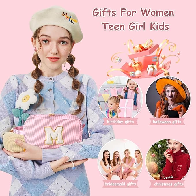 YOOLIFE Initial Cosmetic Bag for Women - Monogram Cute Initial Pink Makeup Bags Toiletry Pouch Make Up Case for Women Her Best Friend Friendship Sister Teacher, Personalized Birthday Gifts for Women O