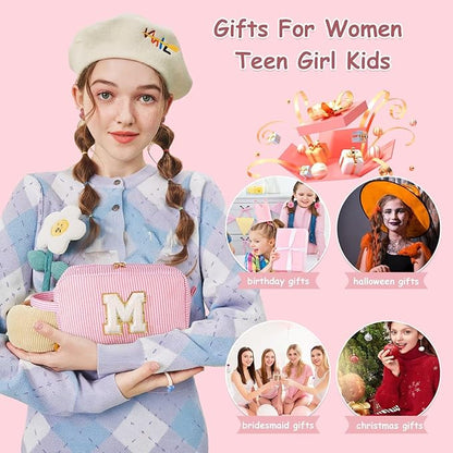 YOOLIFE Initial Cosmetic Bag for Women - Monogram Cute Initial Pink Makeup Bags Toiletry Pouch Make Up Case for Women Her Best Friend Friendship Sister Teacher, Personalized Birthday Gifts for Women O