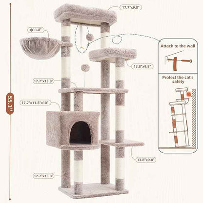 Cat Tree for Indoor Cats, 55.1 inch Cat Tower with 7 Sisal Scratching Posts, Multi-Level Cat Condo wit Large Play Platform Furry Ball, Cat Cave, 2 Padded Perches, Basket, Mushroom GCT013MU
