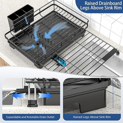 Extendable Dish Racks 16.3"-21.6" L x 16.7" W,Stainless Steel Dish Drying Rack for Kitchien Counter, Anti-Rust Dish Strainer with Cutlery Holde