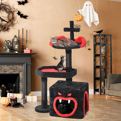 YITAHOME Gothic Cat Tree, 38.6 Inches Gothic Tower Condo with Scratching Post, Cat Tower for Indoor Cats, Sisal Pole, Soft Platform,Spider Hanging Ball, Black and Red