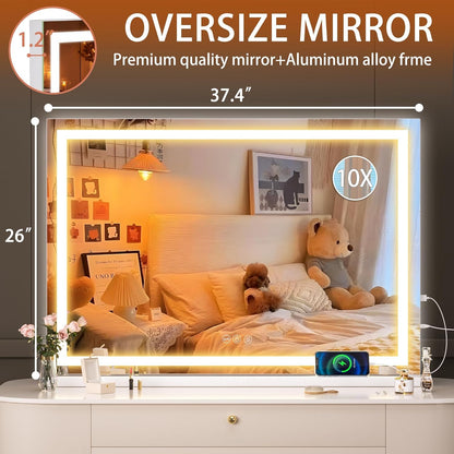 Hasipu Vanity Mirror with Lights, 37" x 26" LED Makeup Mirror, Lighted Makeup Mirror with Dimmable 3 Modes, Touch Screen Control Vanity Mirror Square White