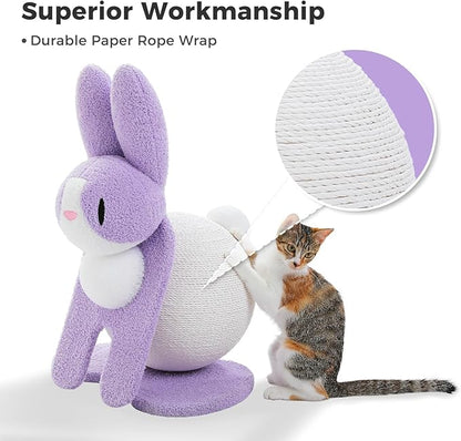 Cute Cat Scratching Post- Bunny Style, Cat Scratcher Toy with Paper Rope, Extra Large Cat Scratch Ball (Ø11.8) for Indoor Kitten, Rabbit Scratch Ball for Kitty to Climb & Play, Purple