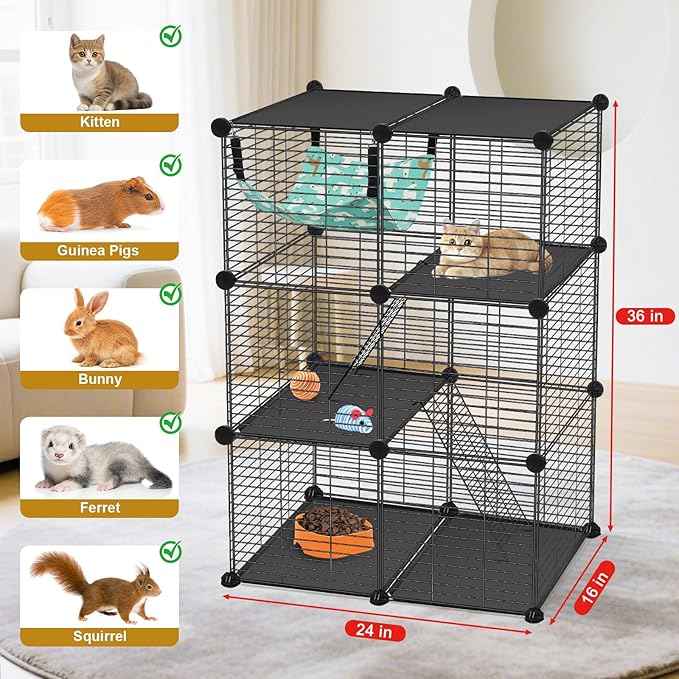 Cat Cage, 3-Tier DIY Catio Cat Enclosures, 24" x 16" x 36" Cat Playpen Indoor & Outdoor with Hammock, Detachable Metal Wire Kennel Cats Crate, 2x1x3 Exercise Place for 1-2 Kitten