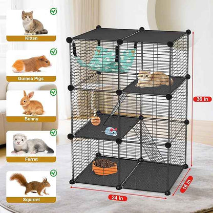 Cat Cage, 3-Tier DIY Catio Cat Enclosures, 24" x 16" x 36" Cat Playpen Indoor & Outdoor with Hammock, Detachable Metal Wire Kennel Cats Crate, 2x1x3 Exercise Place for 1-2 Kitten