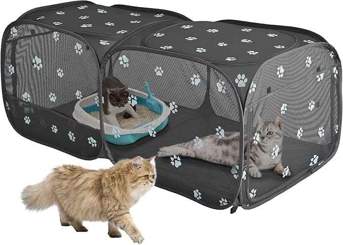 2-in-1 Dog Playpen 58''Pop Up Cat Pet Playpen, Assembly-Free Indoor Outdoor Kitten Enclosure, Breathable Cat Cage Portable Puppy Tent Crates,Spacious Kennel for Small Animals, No Confinement Feel(M)