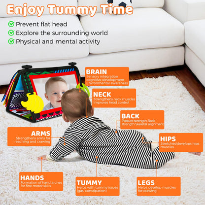 Buauty Baby Tummy Time Mirror, Newborn Infant Toys 0 3 6 12 Months with Sensory High Contrast Crinkle Books and Teethers, Baby Tummy Time Sensory Toys for 0-6 Months Old Boy Brain Development