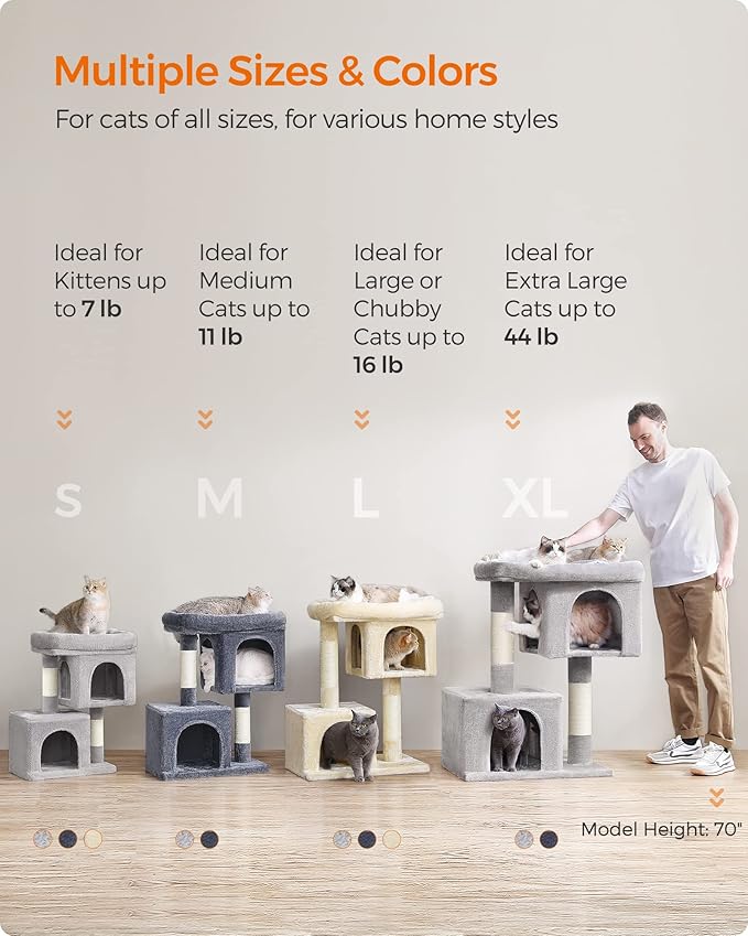 Feandrea Cat Tree, 33.1-Inch Cat Tower, Plush Condo for Large Cats up to 16 lb, Large Perch, 2 Caves, Scratching Post, Beige UPCT61M