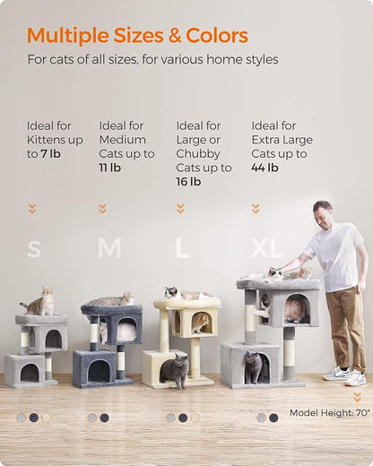 Feandrea Cat Tree, 33.1-Inch Cat Tower, Plush Condo for Large Cats up to 16 lb, Large Perch, 2 Caves, Scratching Post, Beige UPCT61M