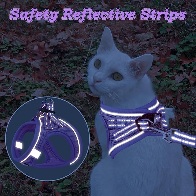 Cat Harness and Leash for Walking Escape Proof, Adjustable Kitten Vest Harness Reflective Soft Mesh Puppy Harness for Outdoor, Comfort Fit, Easy to Control (Purple, L)